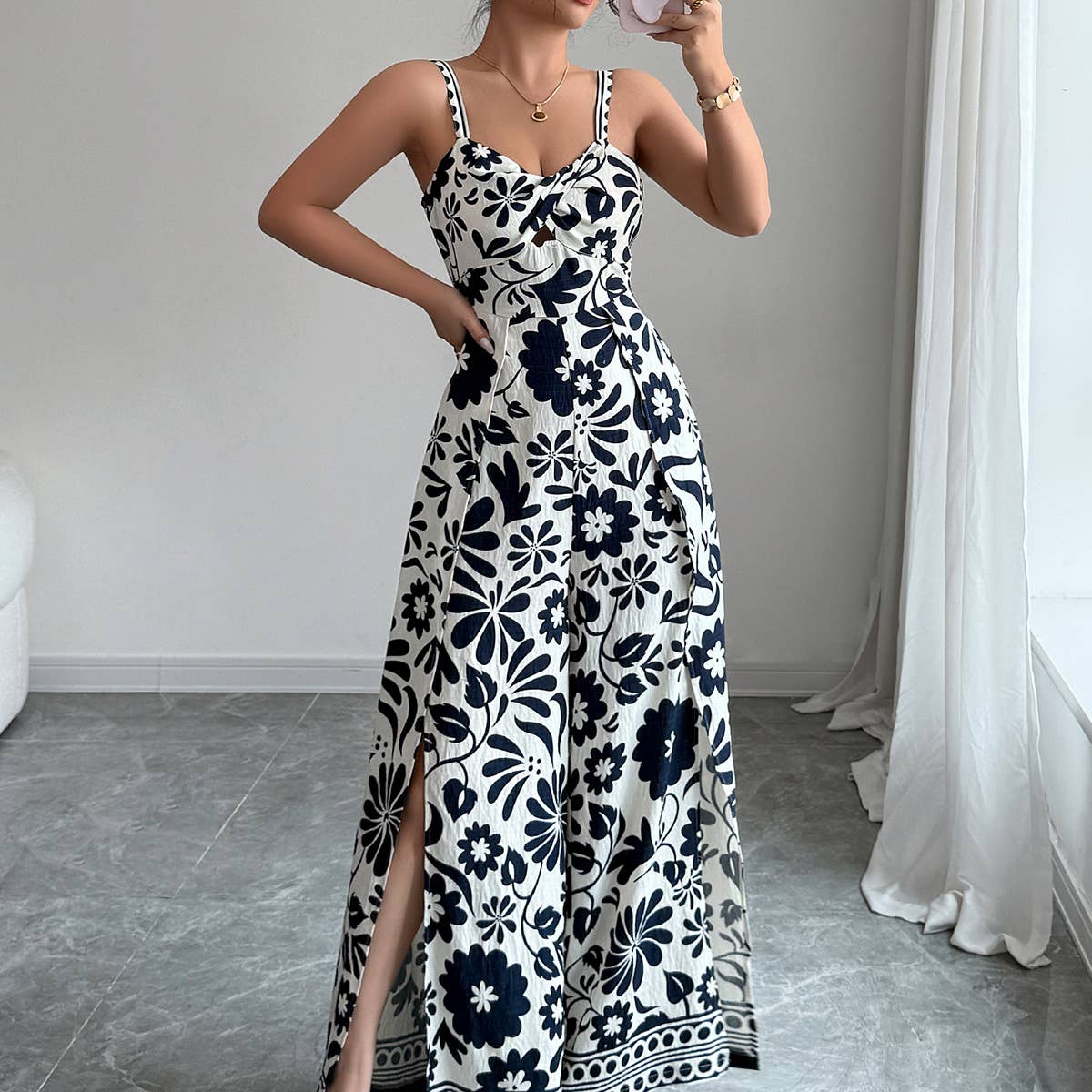 Elegant Twist Knot Printed Wide Leg Jumpsuit