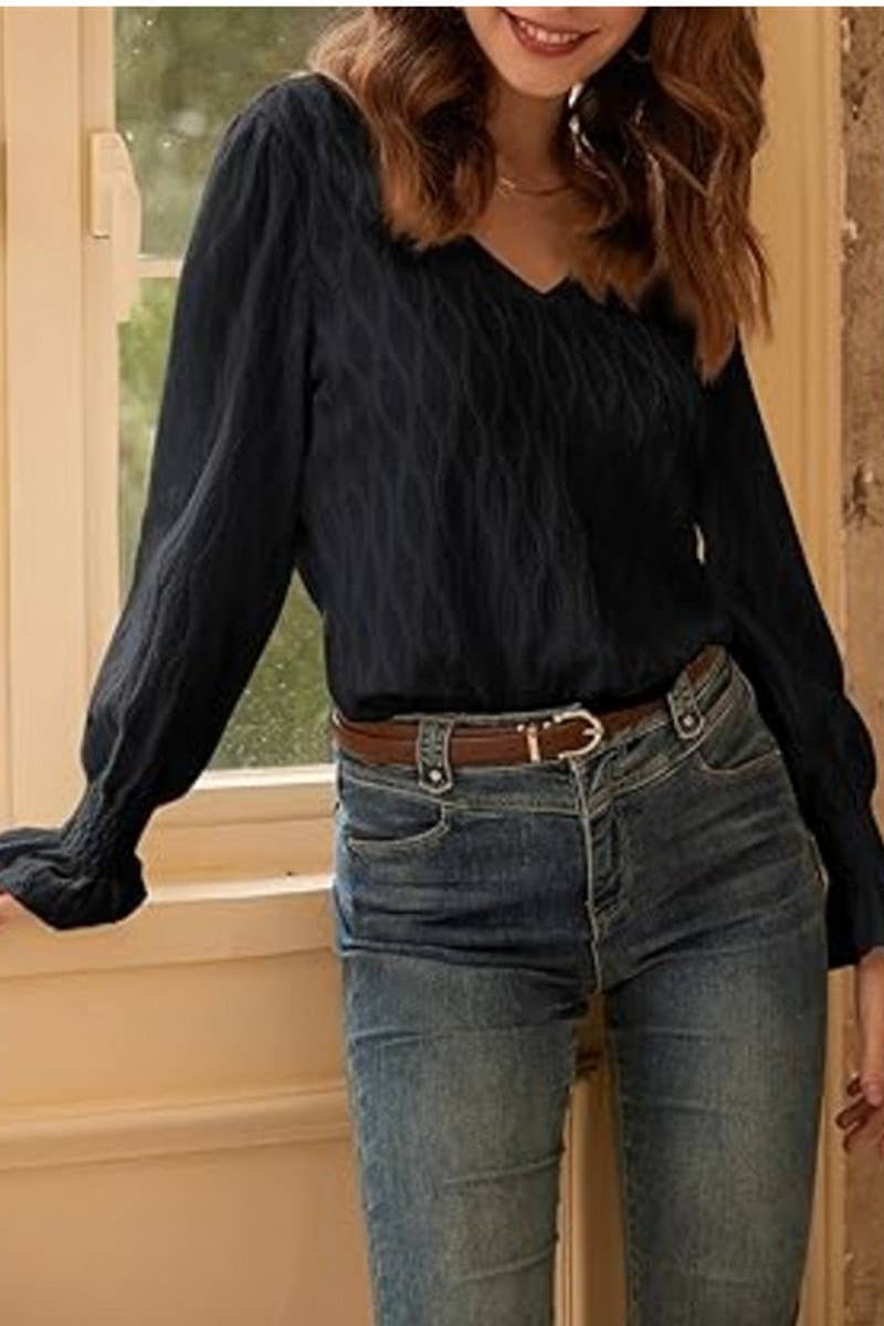 CWTBLL2863_SOLID COLOR V-NECK LONG-SLEEVED T-SHIRT TOP