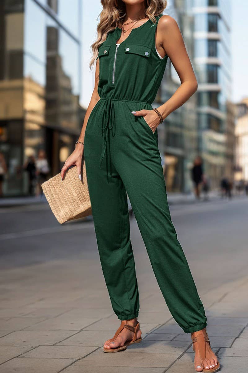 CWSJS1676_BLACK SLEEVELESS ZIPPER CREW NECK JUMPSUIT