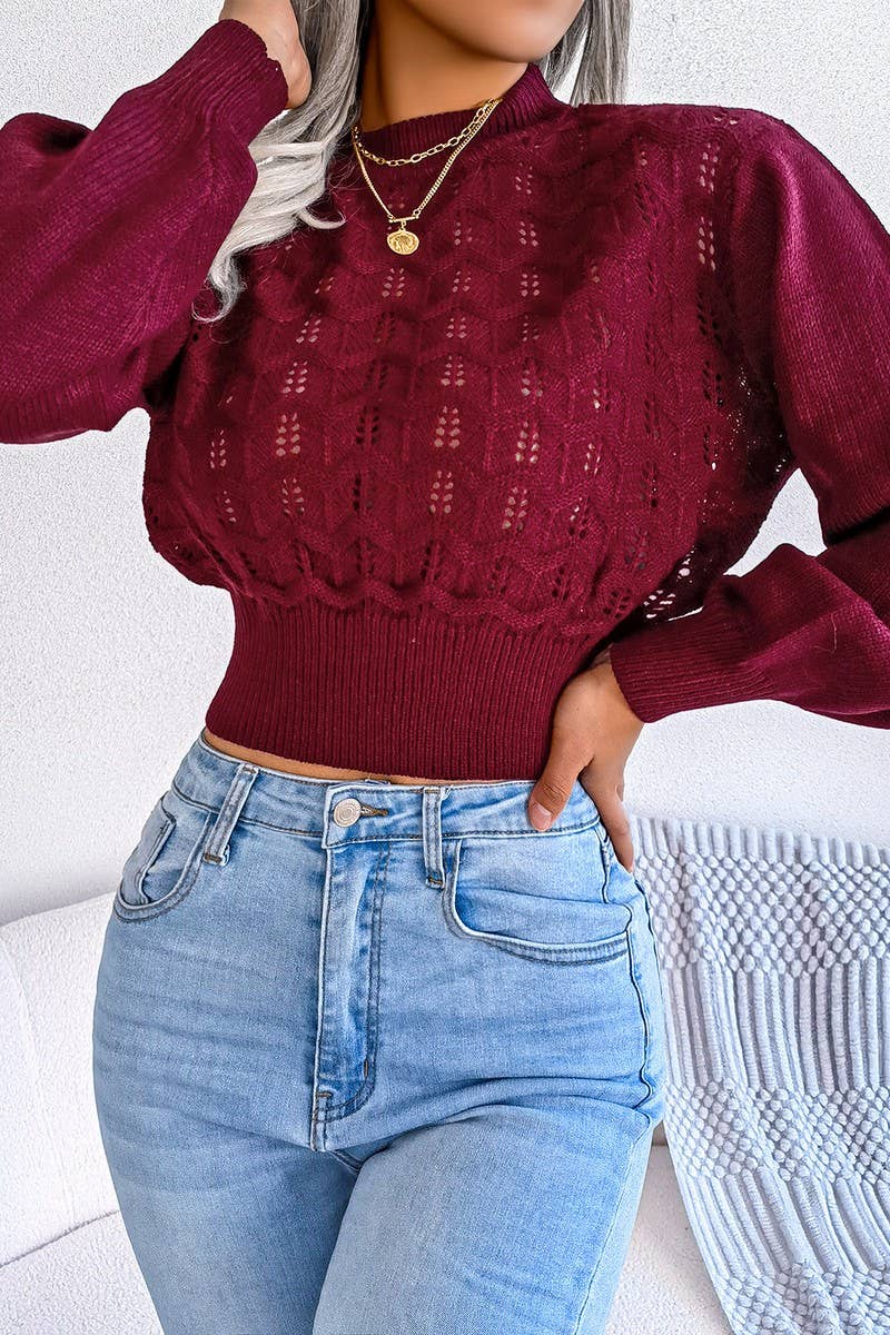 CWOSWL3227_SOLID COLOR HOLLOW BELLY-EXPOSED KNITTED SWEATER