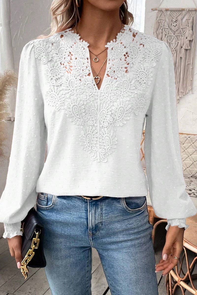 CWTTL2006_V-NECK LACE SOLID COLOR LONG-SLEEVED CASUAL TOP