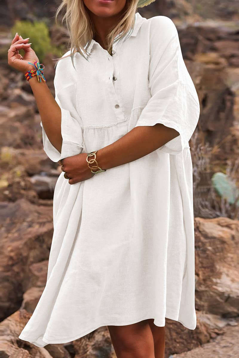 CWDSD8007_LOOSE SOLID COLOR CASUAL BUTTON FASHION DRESS