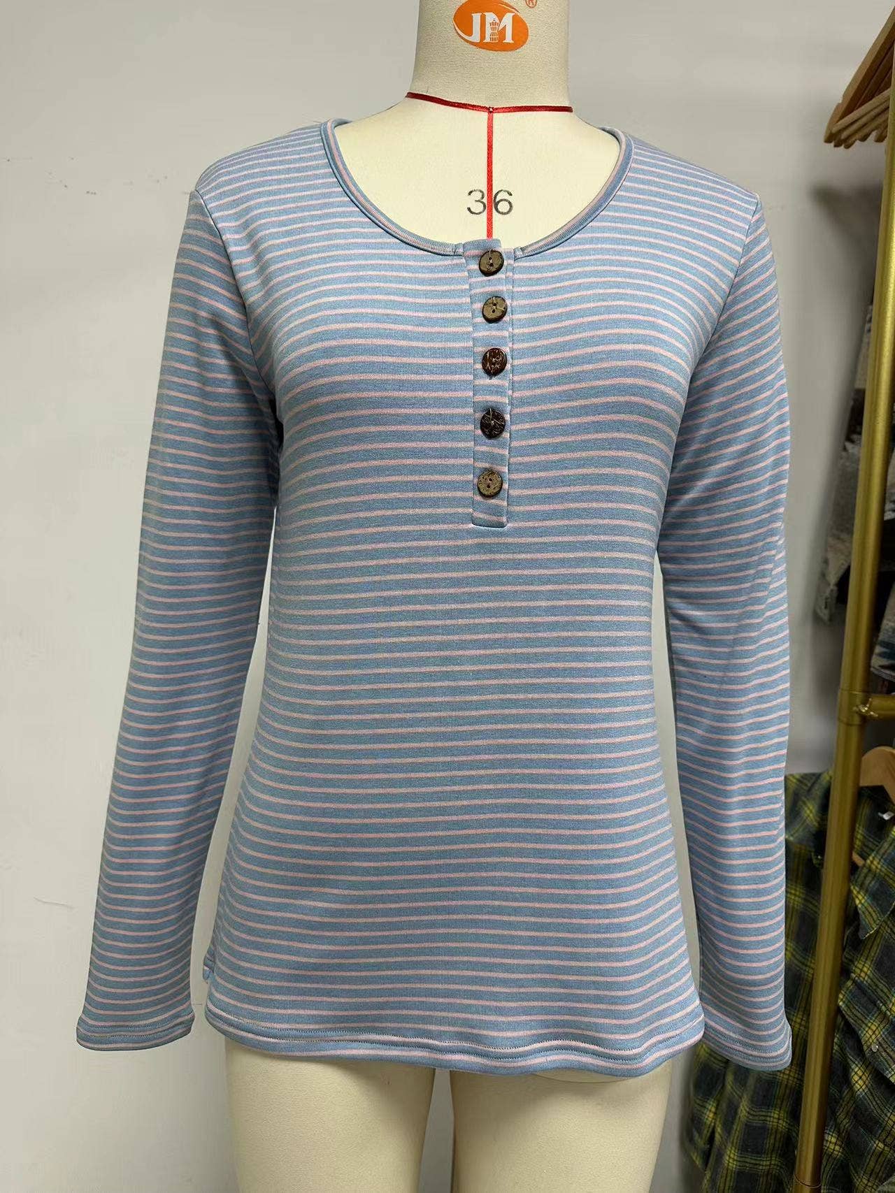 CREW-NECK BUTTON-DOWN LONG SLEEVE STRIPED T-SHIRT