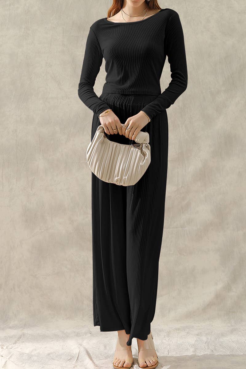 CWSTB194_LONG SLEEVE MODAL T SHIRT TOP AND WIDE PANTS SET