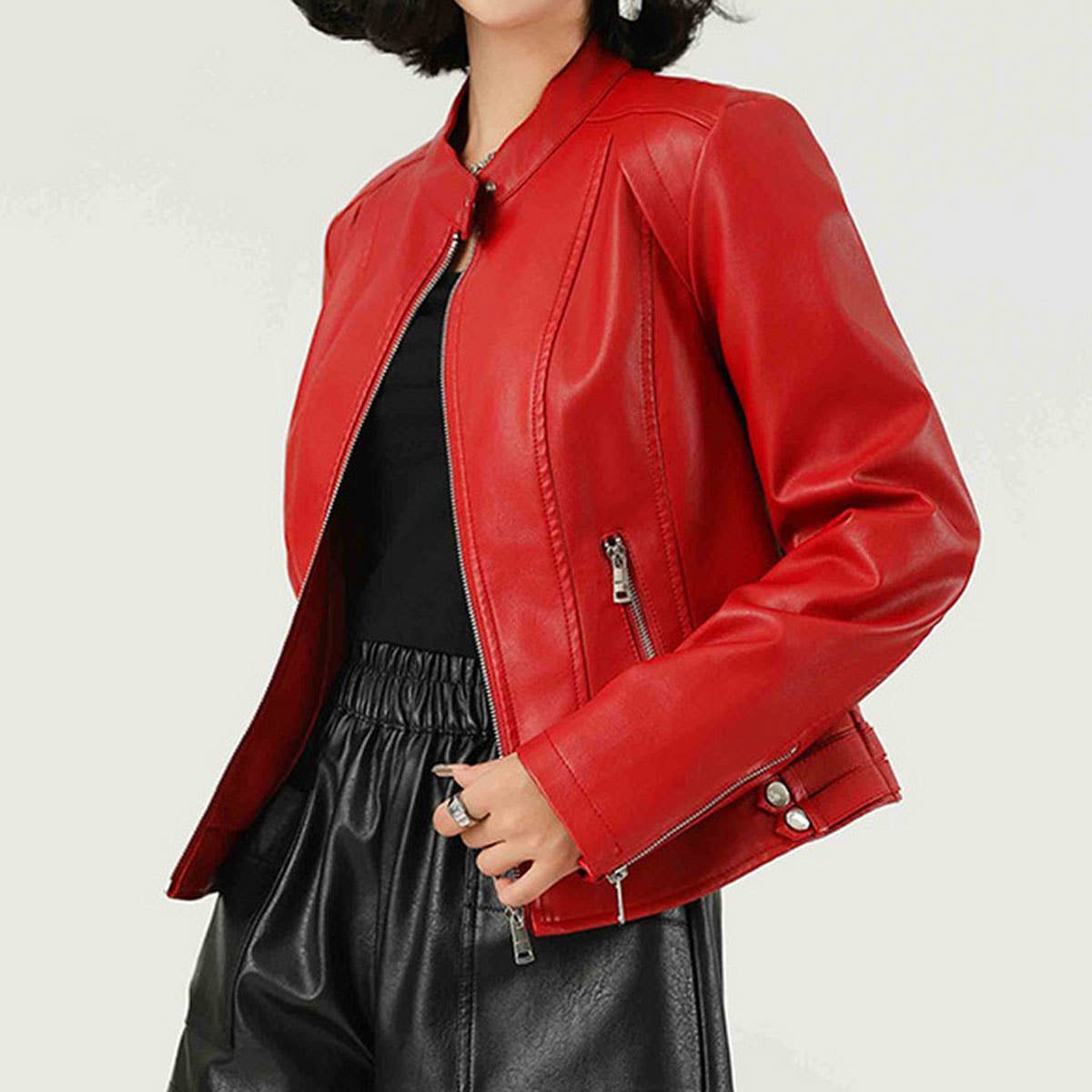 Red PU Leather Jacket ??Stand Collar Spring/Fall_CWMM9012