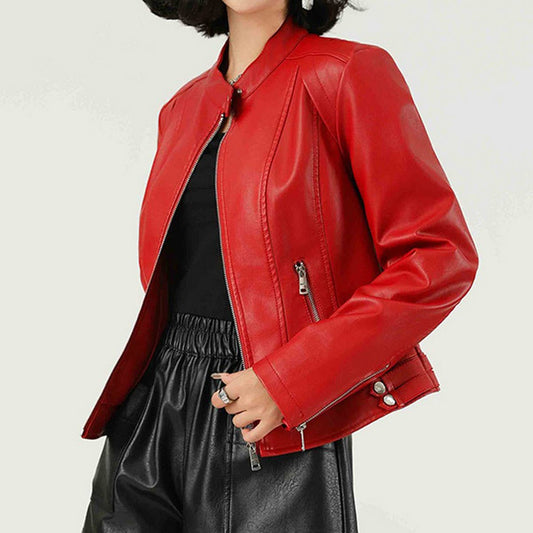 Red PU Leather Jacket ??Stand Collar Spring/Fall_CWMM9012