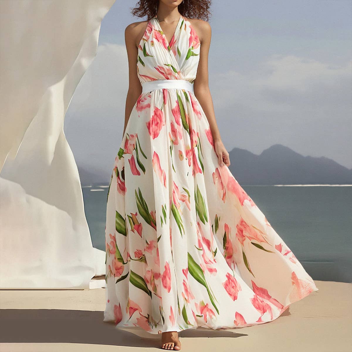 Fashion halter print beach vacation-style dress