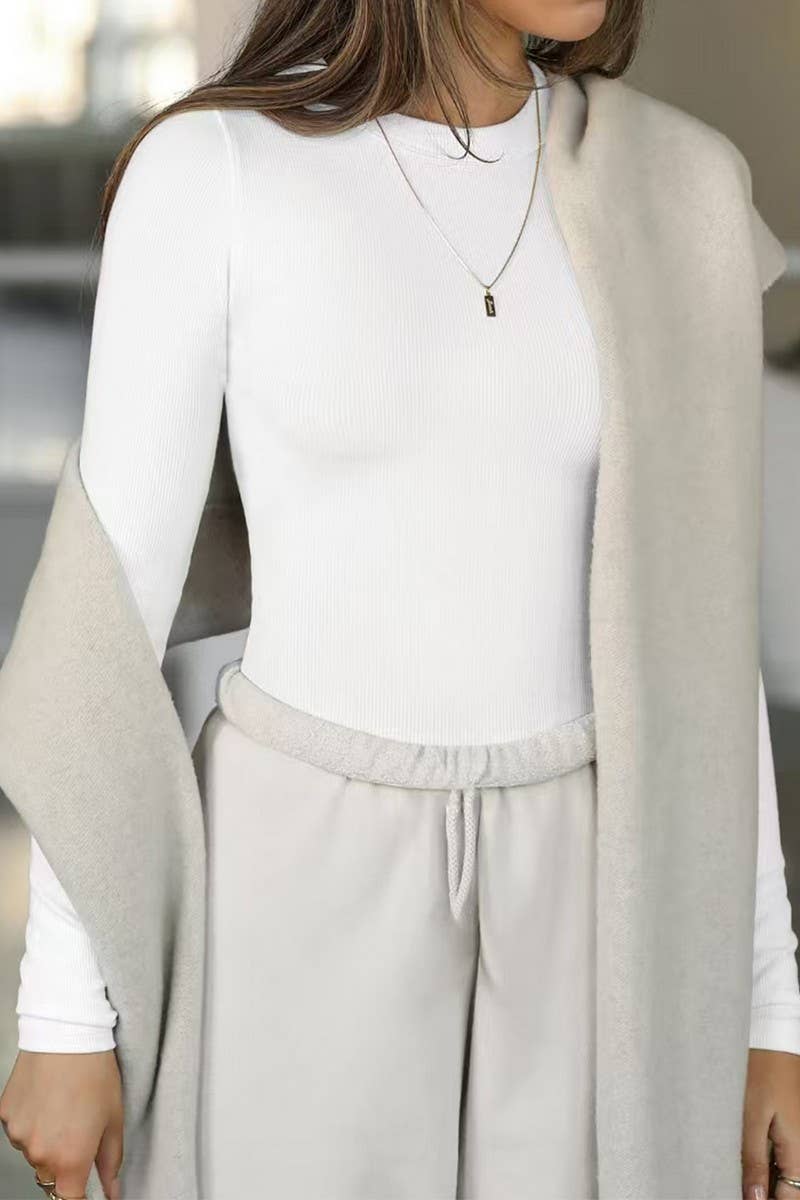 CWTTL2028_SPRING AND SUMMER SOLID COLOR SLIM LONG SLEEVE TOP