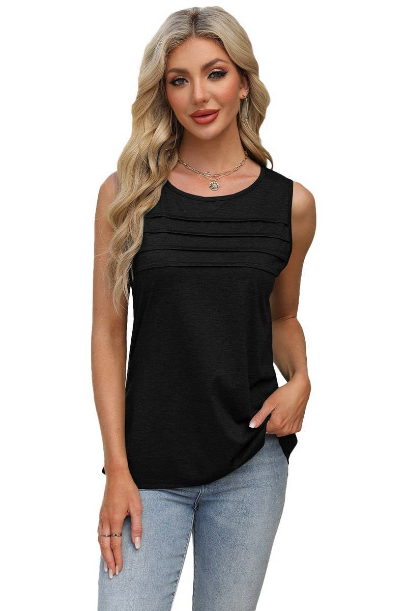 CWTBLSL0668_SOLID COLOR U-NECK PLEATED VEST T-SHIRT TOP