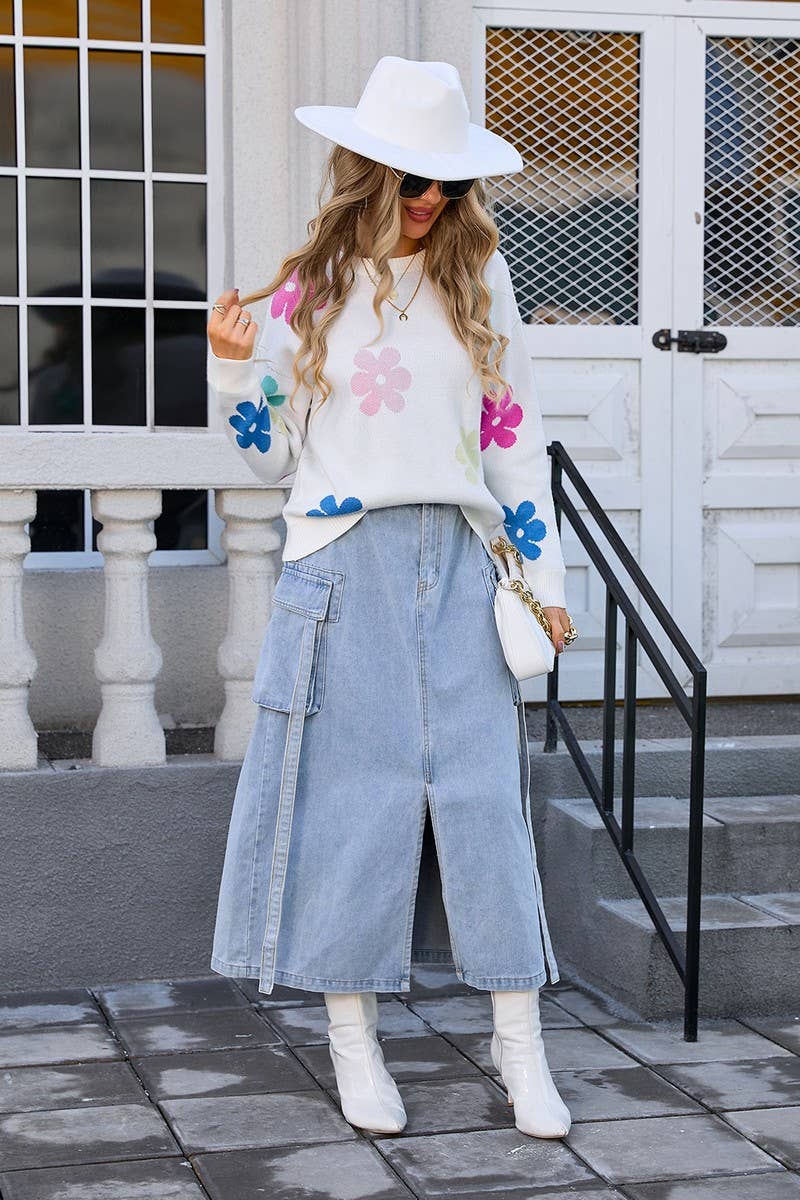 CWOSWL3074_FLORAL COLORBLOCK CASUAL CREWNECK SWEATER