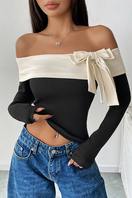 CWTBLL3271_OFF-THE-SHOULDER BOW TIE LONG-SLEEVED T-SHIRT TOP