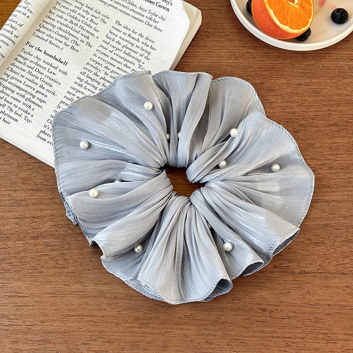 Iridescent Pleated Pearl Scrunchie Hair Tie