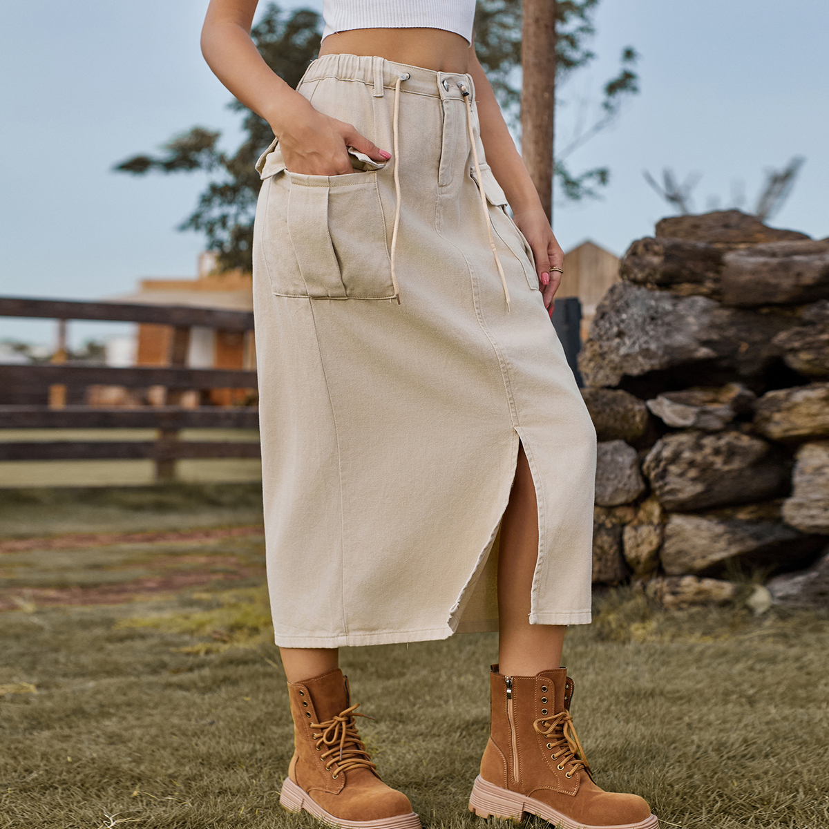 Washed Denim Cargo Skirt with Slit for Women