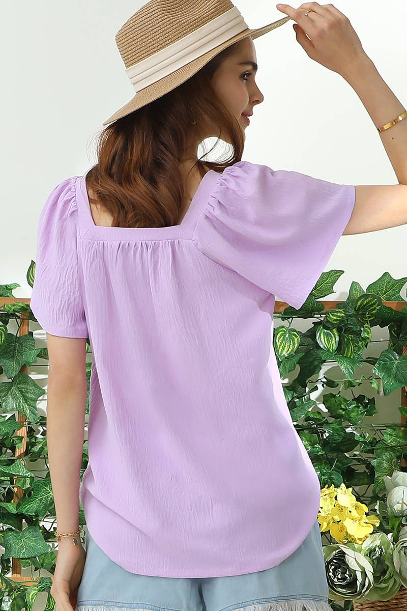 CWTBLS192_SQURE NECK RUFFLE NECK SHORT SLEEVE BLOUSES TOP