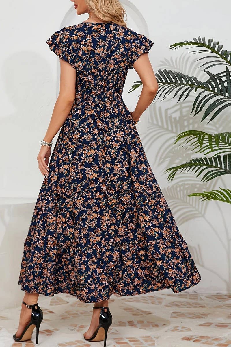 CWDMD6114_V-NECK FLORAL FRENCH STYLE SHORT SLEEVE DRESS