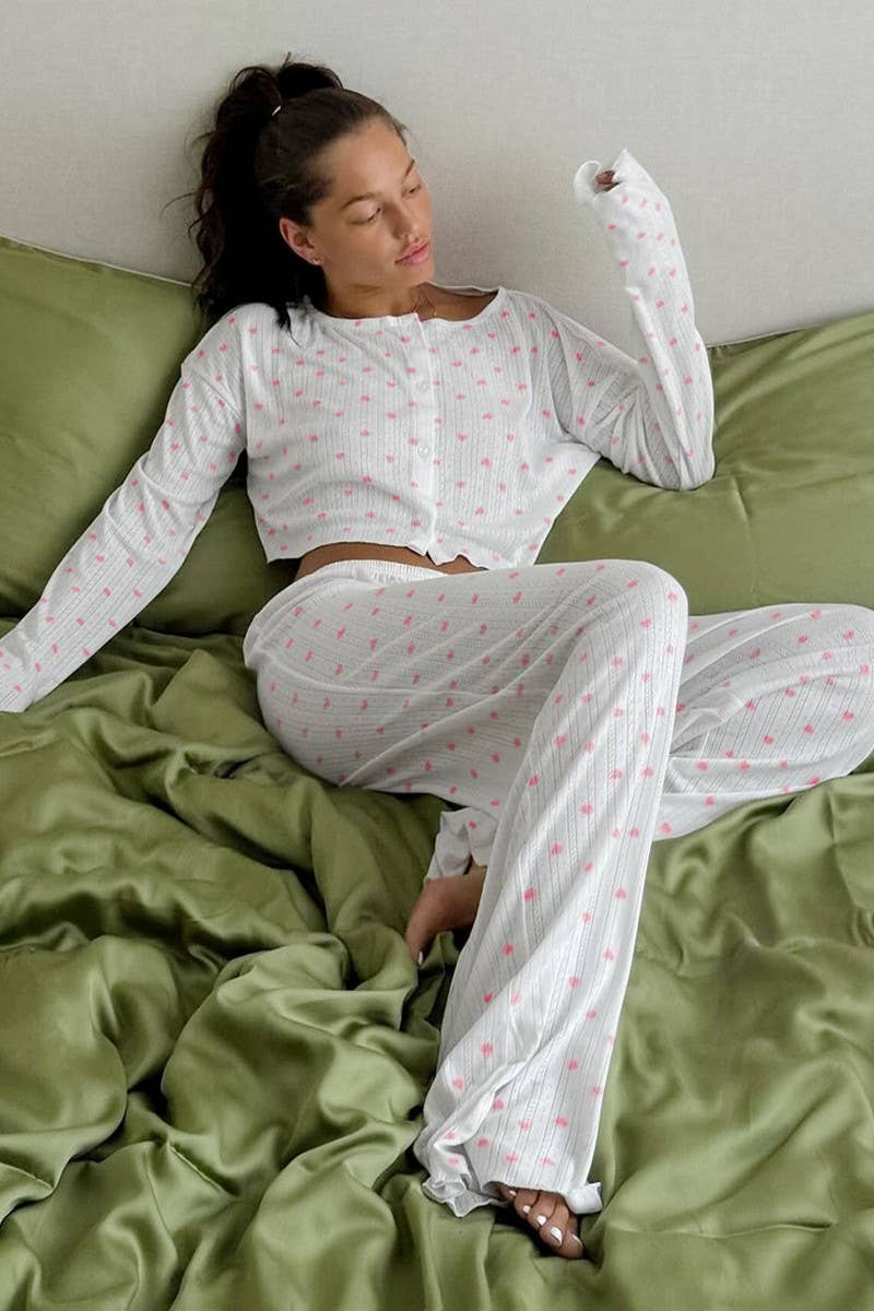 CWSPJ0220_KNITTED HEART PRINT PAJAMAS TWO-PIECE SET
