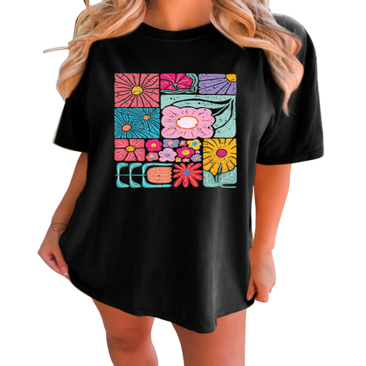 Women?™s Loose Fit Tee with Colorful Flowers_CWTTS1466