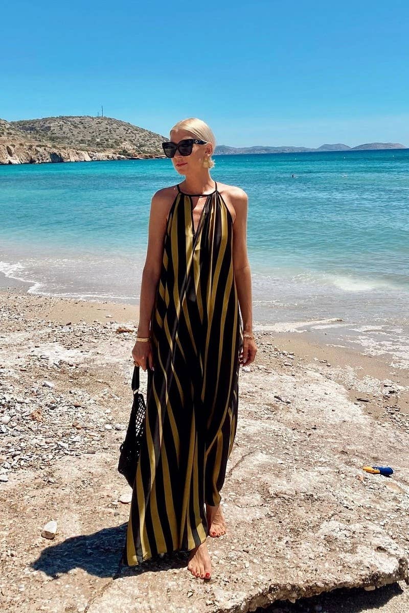 CWDMD6485_STRIPED V-NECK TIE WAIST BEACH MAXI DRESS