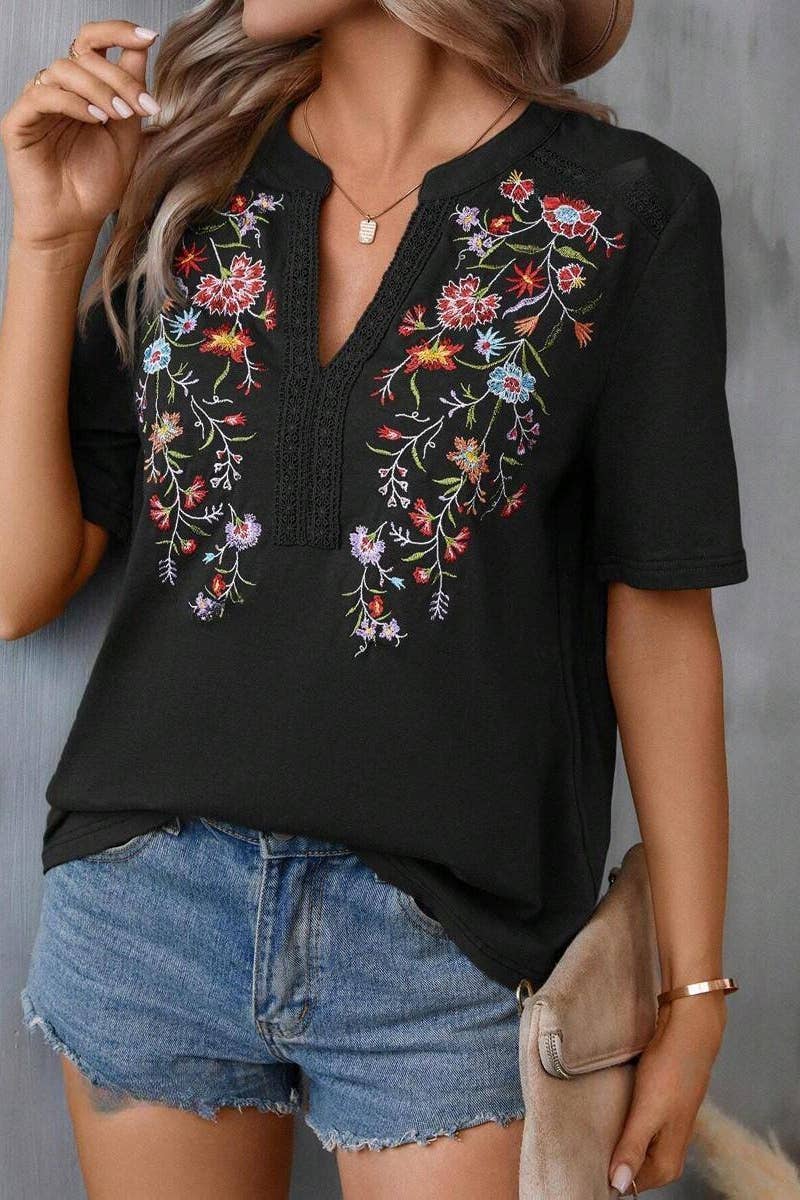 CWTBLS1118_EMBROIDERY PATCHWORK LACE LACE SHORT SLEEVE TOP
