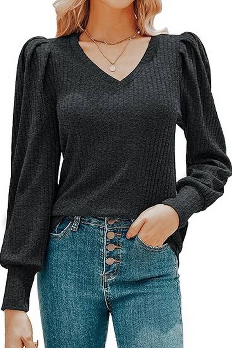 CWTBLL01073_V-NECK LONG-SLEEVED PUFF-SLEEVED TOP