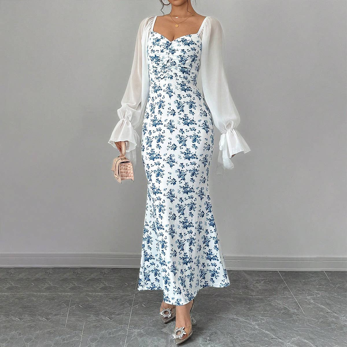 Chiffon patchwork long-sleeved printed dress