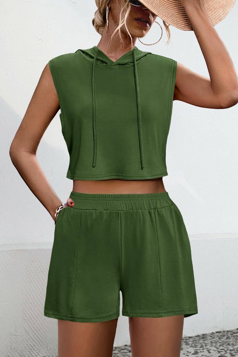 CWSS1072_HOODED PATCHWORK CASUAL VEST SHORTS TWO-PIECE SET