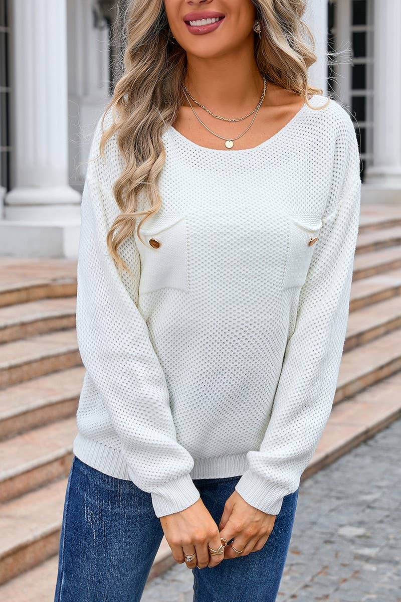 CWOSWL3112_SOLID COLOR PULLOVER POCKET KNITTED SWEATER