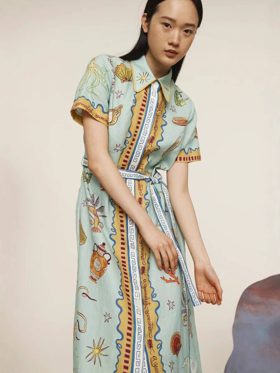 Casual linen dress with graffiti lantern sleeves