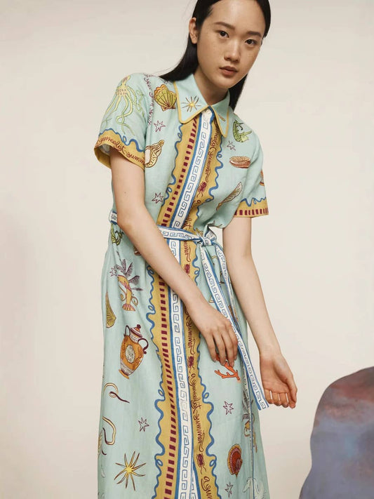 Casual linen dress with graffiti lantern sleeves