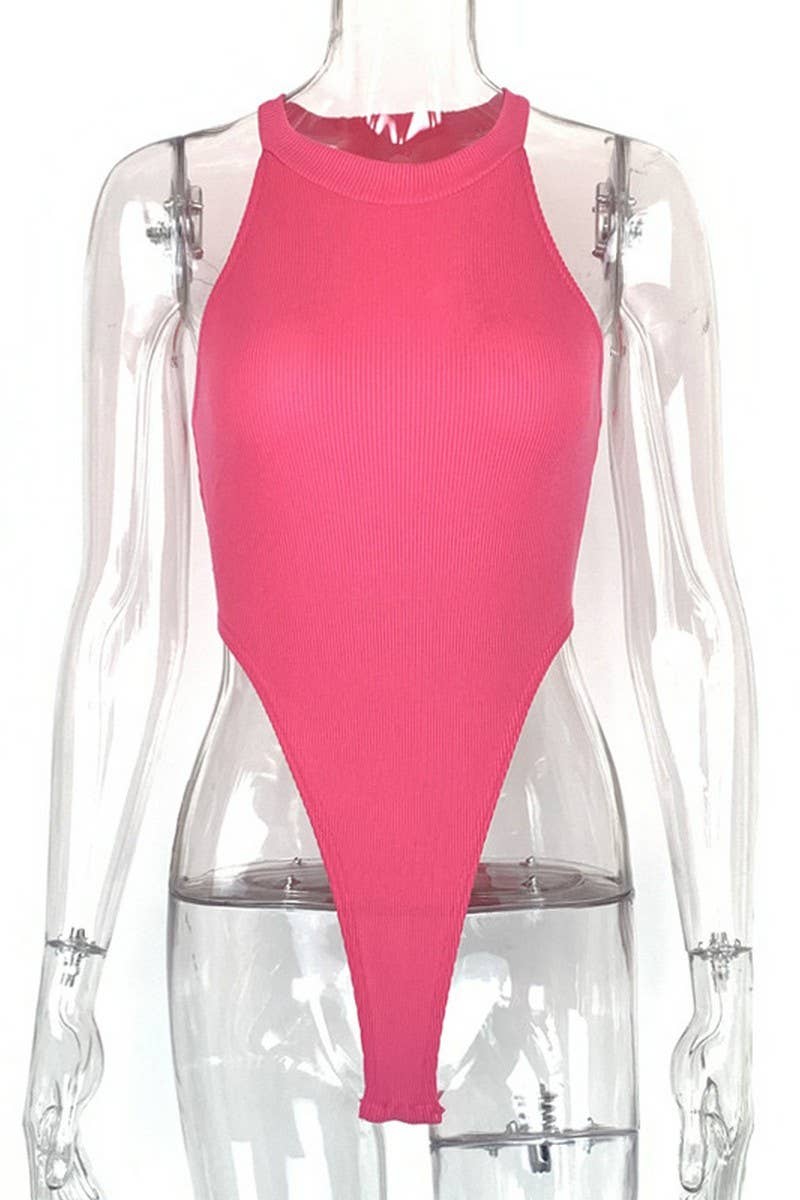 CWSBSSL0116_HALTER NECK SLEEVELESS HIGH SLIT BODYSUIT