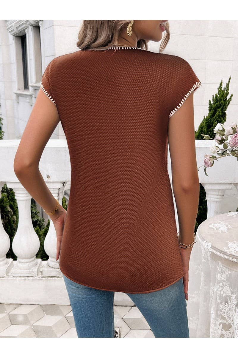 CWTTSL0266_Crew Neck Short Sleeve Casual Knit Vest Top
