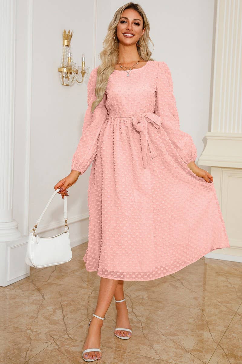 CWDMD3996_ROUND NECK TIE JACQUARD LONG SLEEVE DRESS