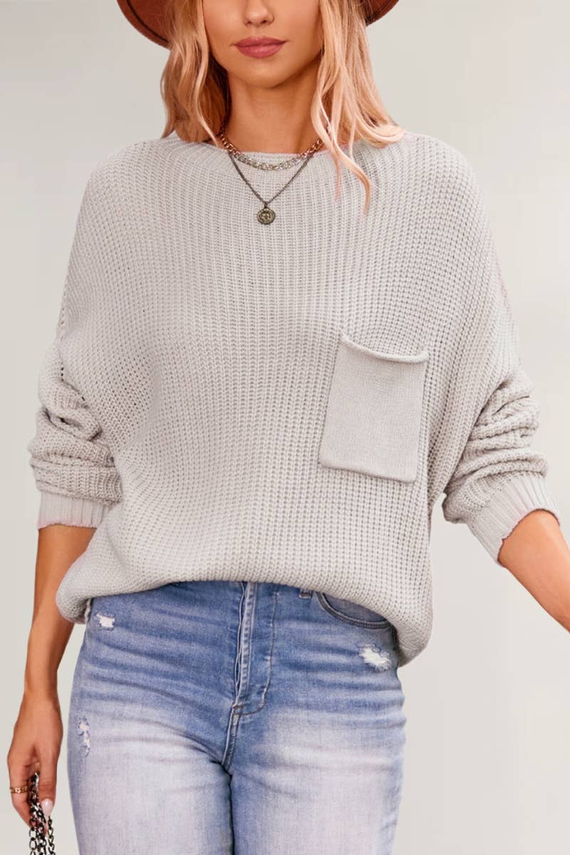 CWOSWL5884_CREW-NECK POCKET LONG-SLEEVED SWEATER