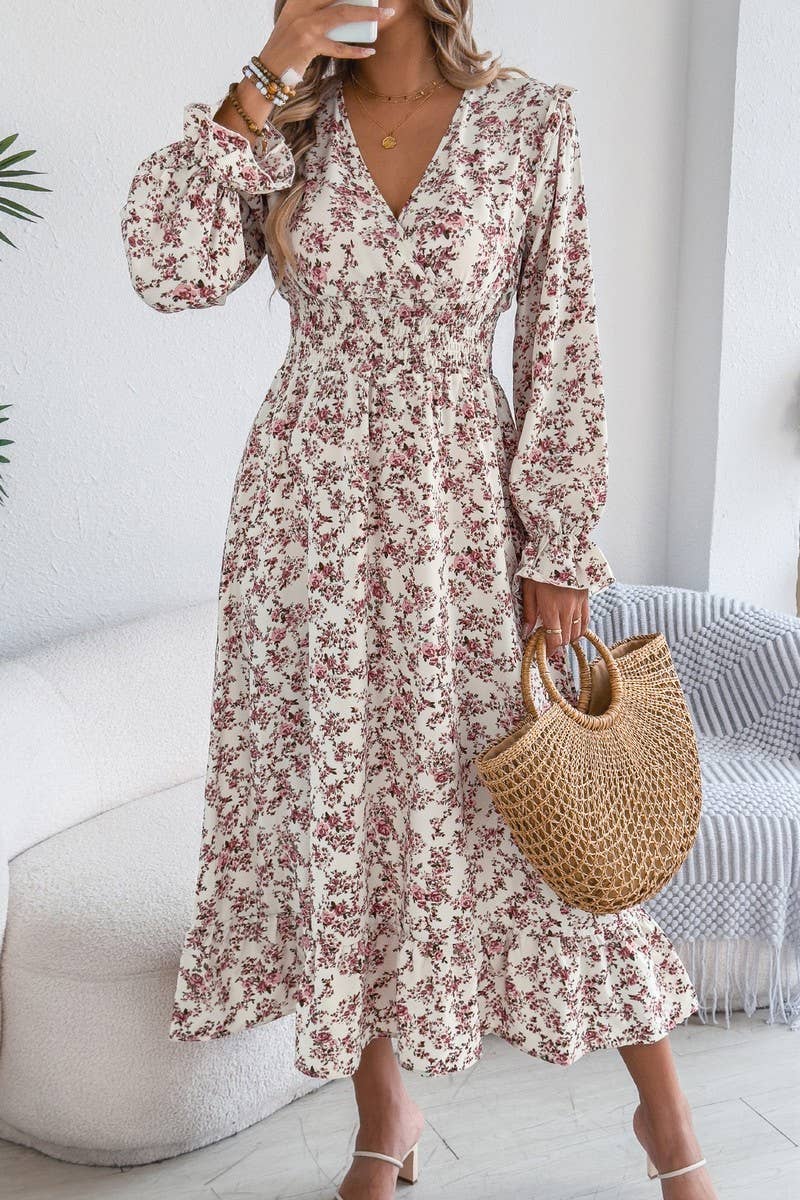 CWDMD6026_FLORAL WRAP V-NECK RUFFLE TRIM WAIST MAXI DRESS