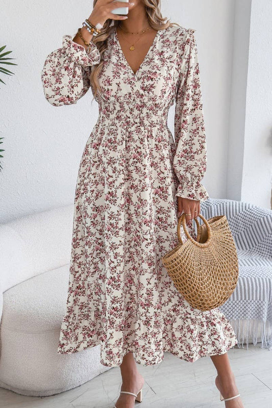 CWDMD6026_FLORAL WRAP V-NECK RUFFLE TRIM WAIST MAXI DRESS