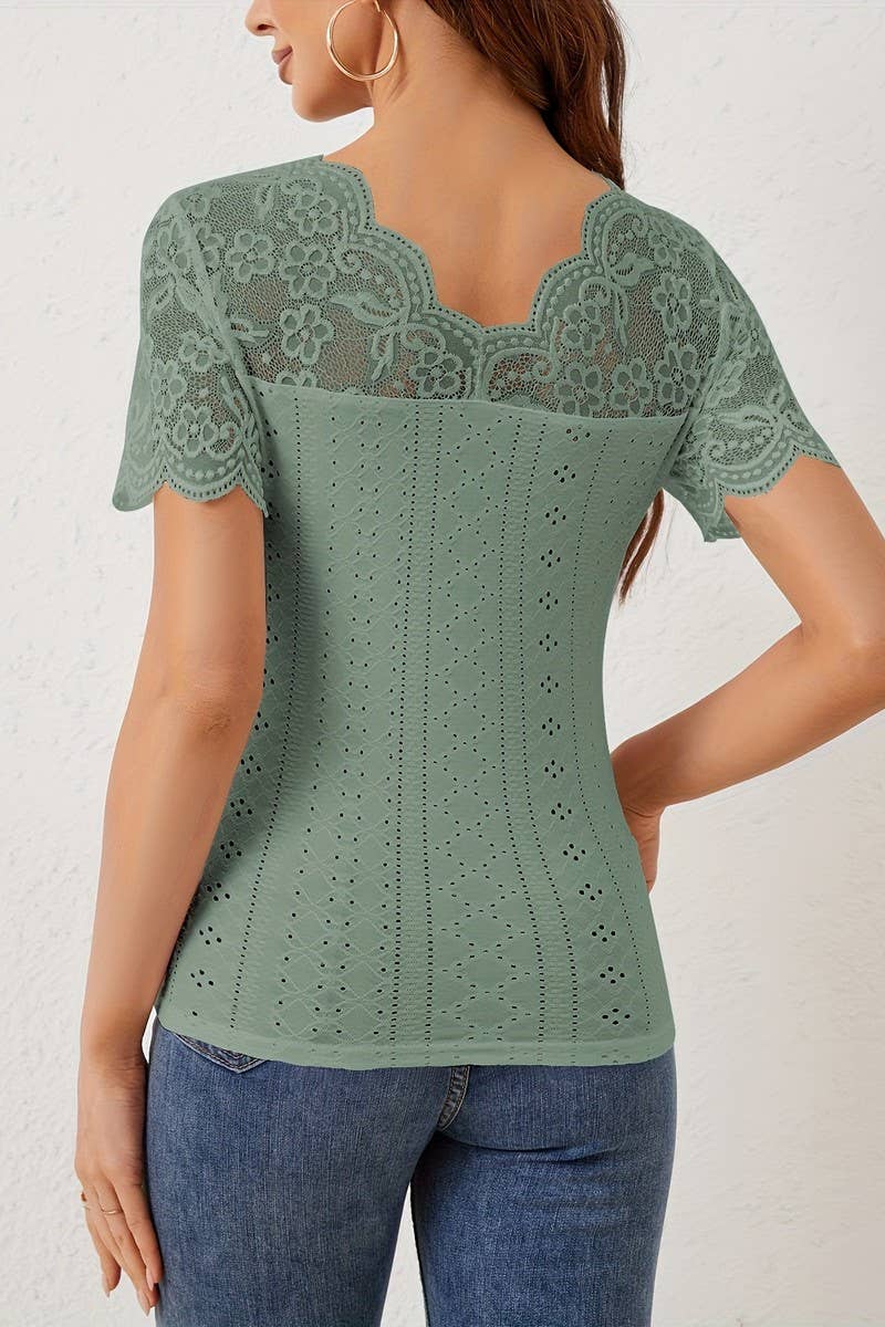 CWTBLS1528_SCALLOPED V-NECK LACE PANELED SHORT-SLEEVED TOP