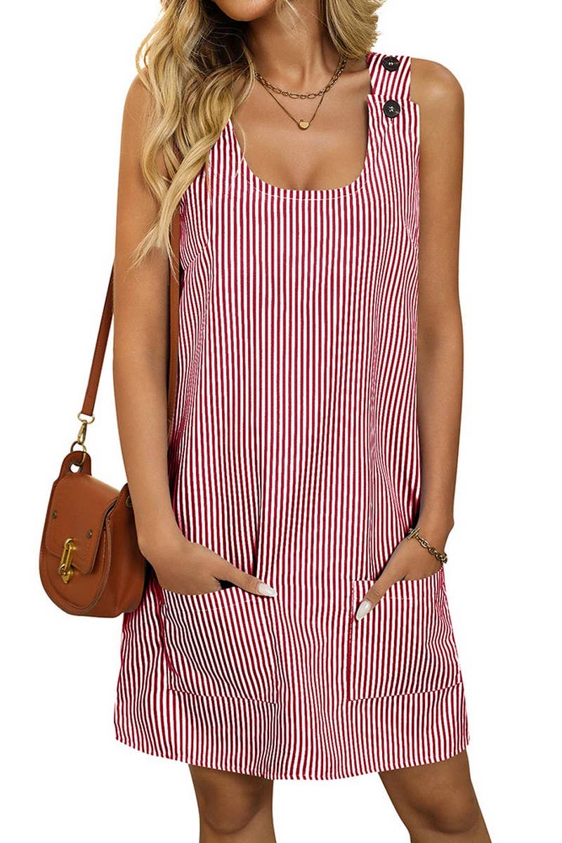 CWDSD7261_CREW NECK POCKET STRIPE BUTTON SUSPENDER DRESS