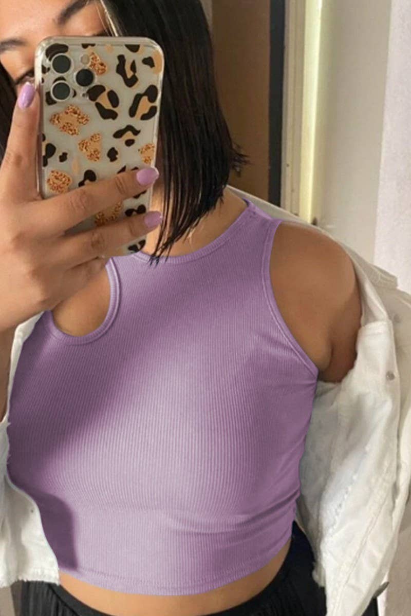 CWTTK0502_RIBBED BELLY-BARING CUT-OUT SLEEVELESS TANK TOP