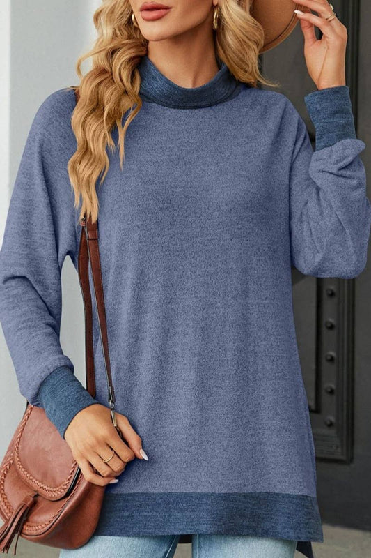 CWOSWL6537_HIGH-NECK CONTRASTING COLOR LONGSLEEVED SPLIT TOP