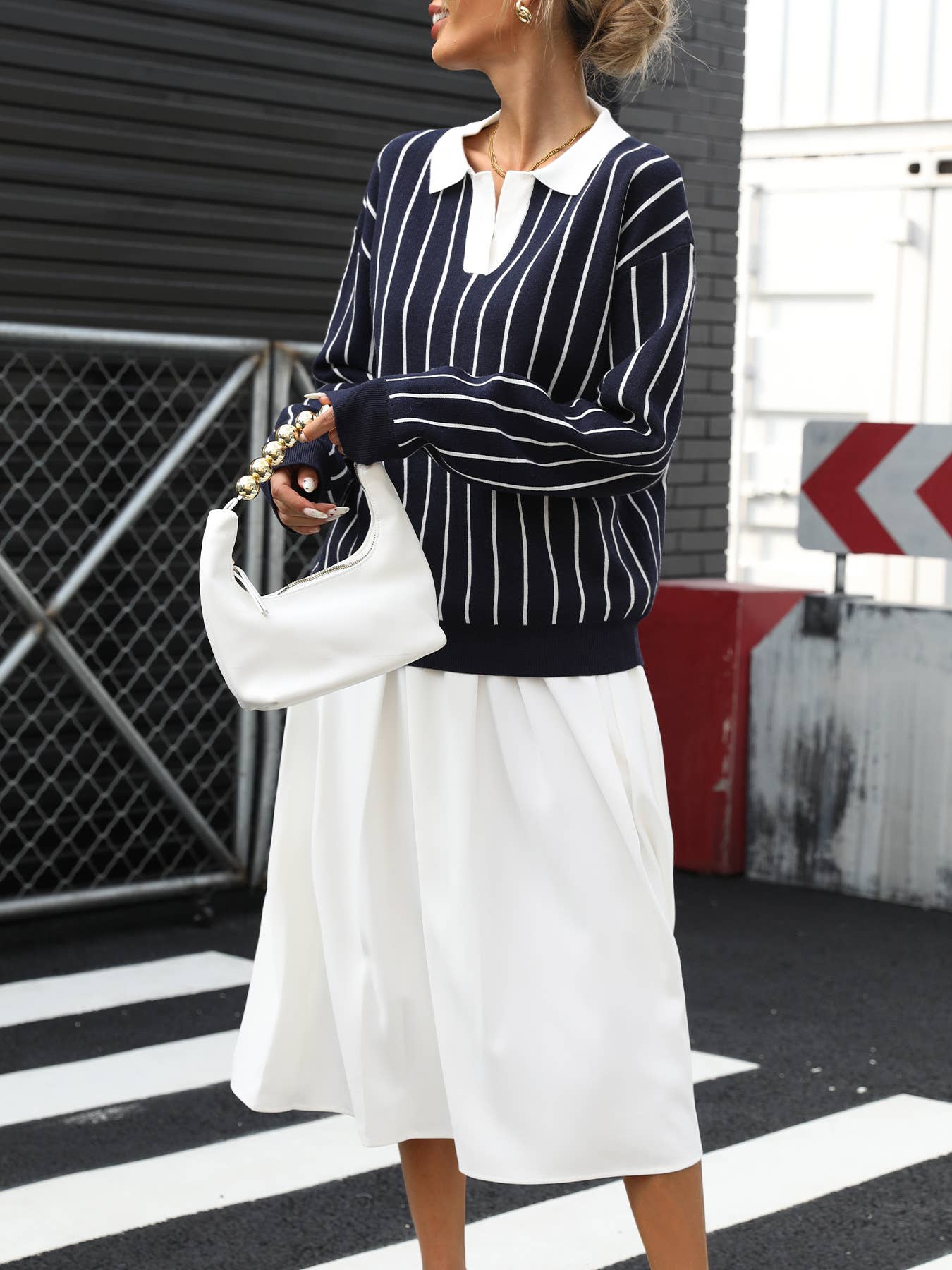 College casual street lapel striped sweater