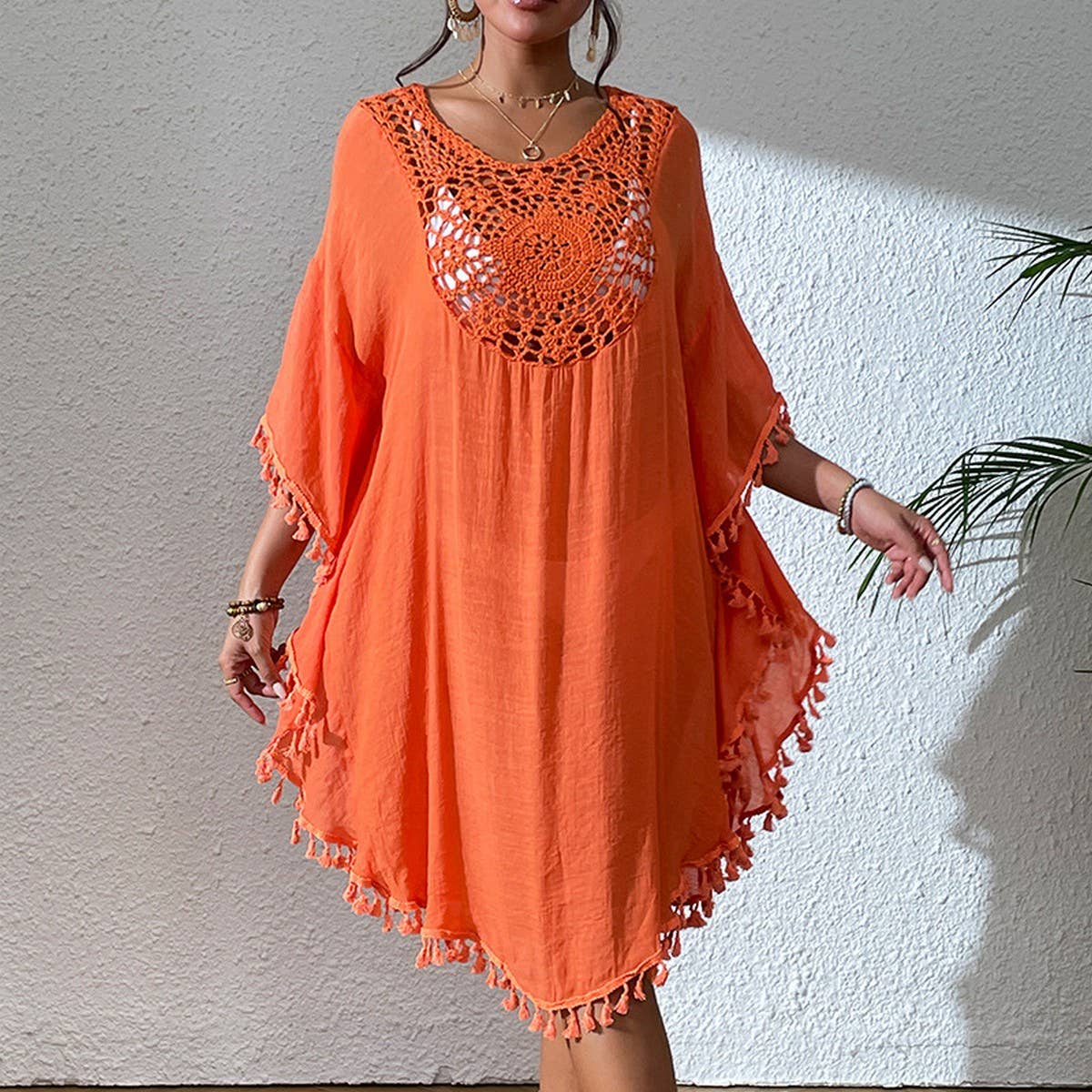 CROCHET PANEL TASSEL BIKINI BEACH COVER-UP