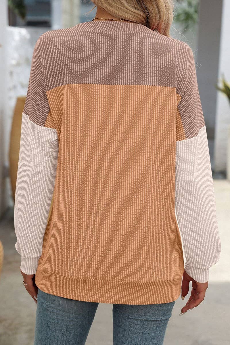 CWTBLL1490_ROUND NECK TWIST COLOR BLOCK LONG SLEEVE T-SHIRT