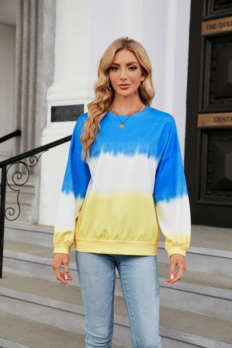 CWTBLL2414_TIE-DYE CONTRAST COLOR CREW NECK LONG SLEEVE TOP
