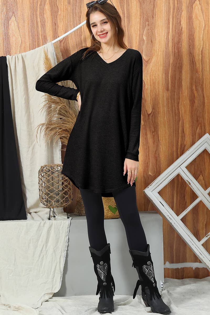 CWTTL1008_SOLID V NECK LONG SLEEVE KNIT SWEATER LONG TOP