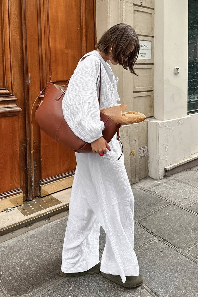 CWSPJ0095_LOOSE LACE UP LONG SLEEVED PANTS PAJAMAS SET