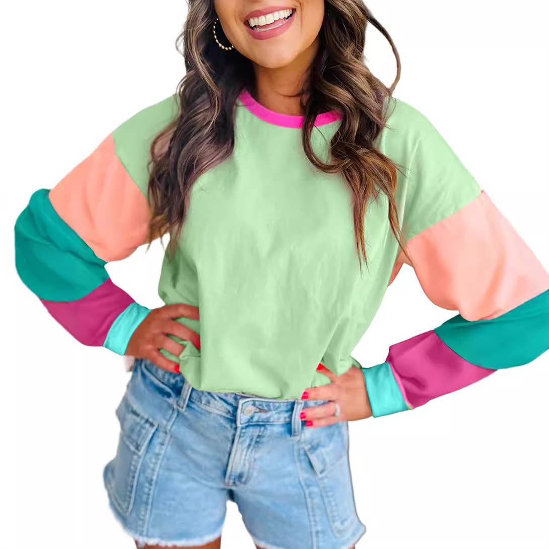 CASUAL MULTI-COLOR PATCHWORK LOOSE PULLOVER SHIRT