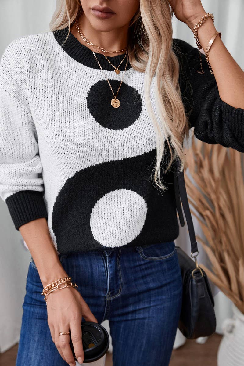 CWOSWL2905_TAI CHI PATTERN CONTRAST FITTING PULLOVER KNIT