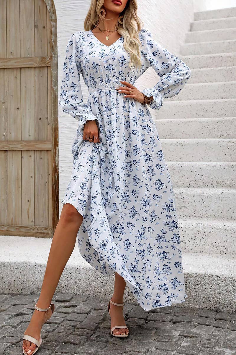 CWDMD4100_PRINTED V-NECK LONG-SLEEVED SWING DRESS