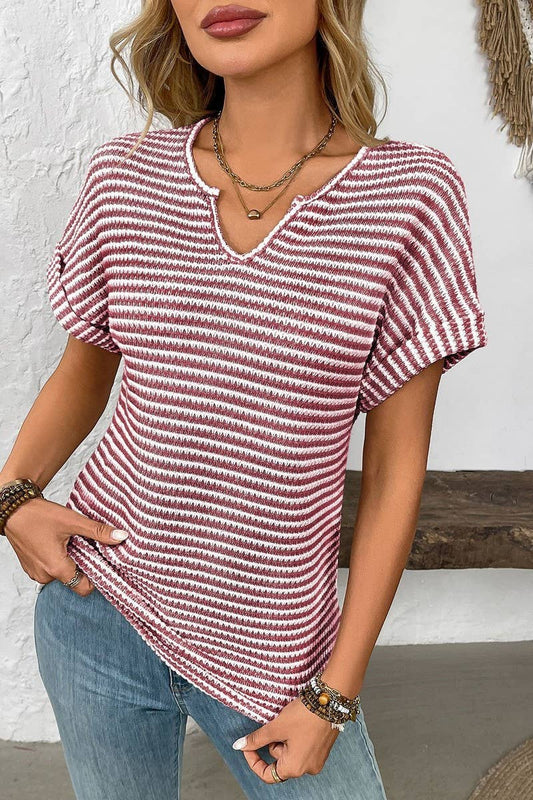 CWTBLS1622_V-NECK LOOSE STRIPED PULLOVER SHORT-SLEEVED TOP