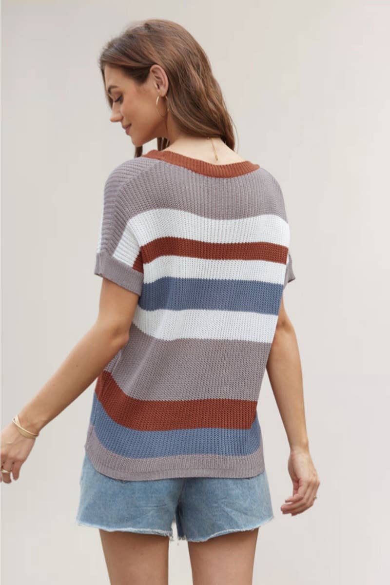 CWTBLS0761_CREW-NECK PATCHWORK STRIPED SHORT-SLEEVED TOP